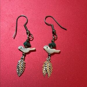 Vintage earrings with turquoise beads & mother of pearl birds & feather charms